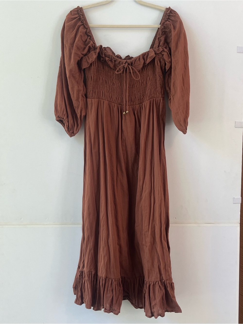 Smocked Square-Neck Midi Dress in Rust